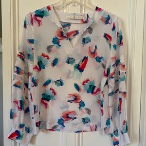 Marie Oliver White Sheer V-Neck Blouse with Multicolor Brushstroke Print